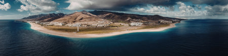 This image shows a small island with a sandy beach, surrounded by dark blue water and a mountainous...