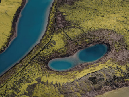 An aerial view of a small lake and a river surrounded by green landscape