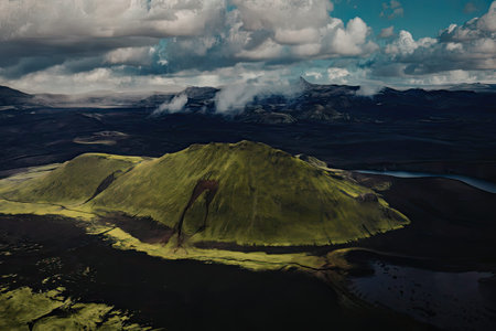 A serene aerial view of a green mountain surrounded by dark land and a winding river, set against a...