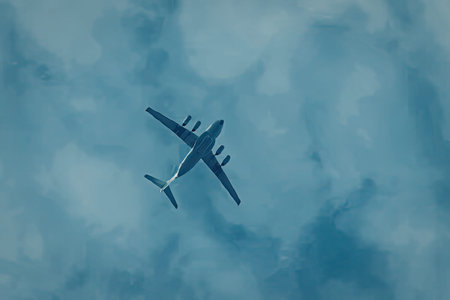 An airplane is flying through a blue sky with white clouds.