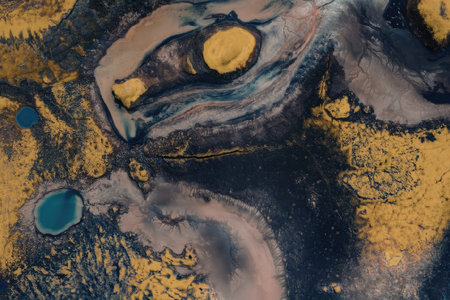 The image depicts an abstract aerial view of a landscape with swirling patterns, vibrant colors, and...