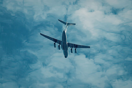 An airplane flying high in the sky with clouds