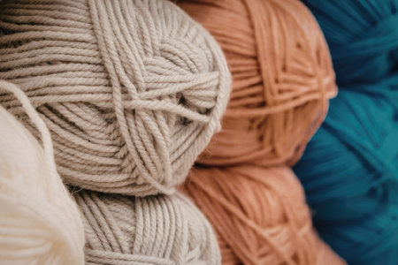 A close-up image of multiple balls of yarn in different colors, including beige, orange, and blue.