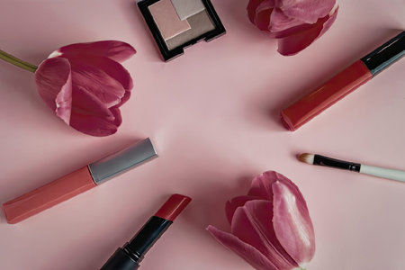 a pink background with flowers and various makeup products