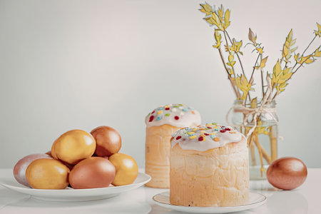 Celebrating easter with traditional russian kulich and decorated eggs