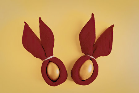 Celebrating easter with decorative eggs and bunny ears on yellow background
