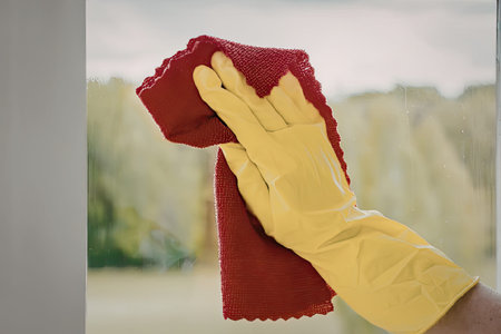Cleaning window with yellow glove and red cloth