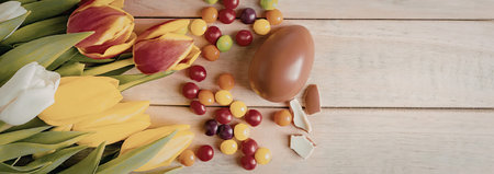 A vibrant arrangement of tulips and colorful candy, accompanied by a chocolate Easter egg on a...