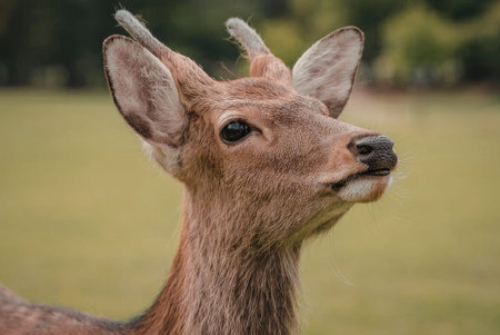 Deer standing in a green field with alert expression