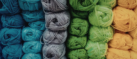 A collection of yarn balls in various colors, neatly arranged in a row.