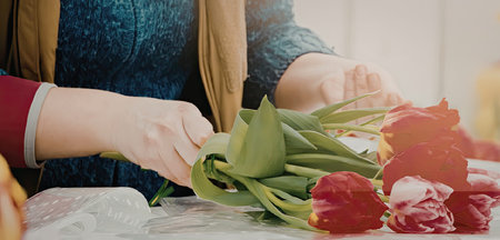 Creating a beautiful bouquet with fresh red tulips
