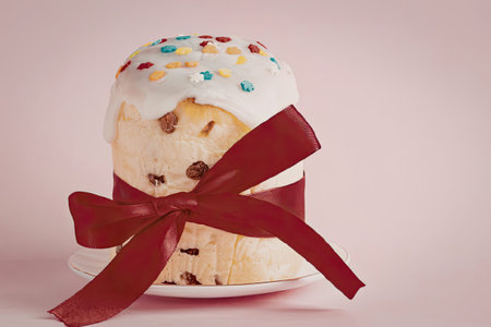 A sweet Easter cake with white frosting, colorful sprinkles, and a red ribbon tied around it,...