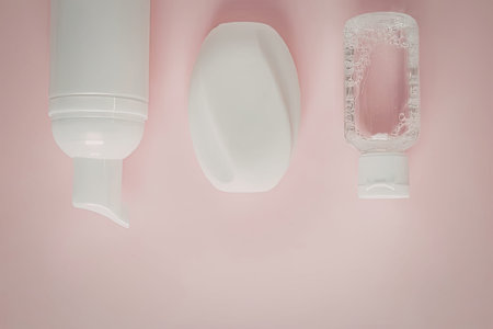 A tube of toothpaste, a dental tray, and a mouthguard on a pink background