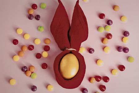 Easter egg surrounded by colorful candies and red bunny ears on pink background