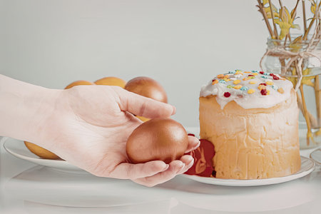 A hand holding a copper-colored Easter egg next to a plate with a cake and other eggsの写真素材