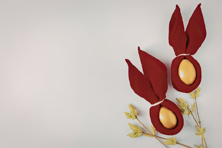 A creative arrangement of red Easter bunny ears with yellow centers, accompanied by green leaves on...