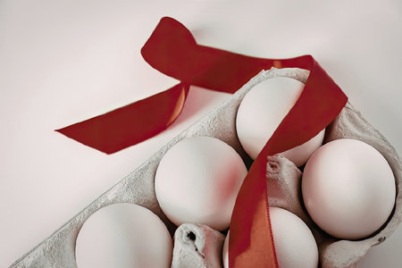 A carton of white eggs with a red ribbon tied around it
