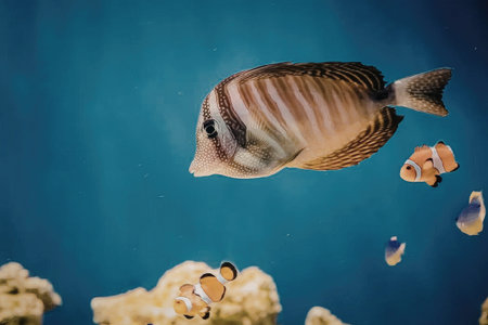 A large fish swims in the ocean with several smaller clownfish and coral reef in the background.