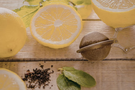 The image depicts a rustic still life arrangement featuring fresh lemons, mint leaves, and loose tea...