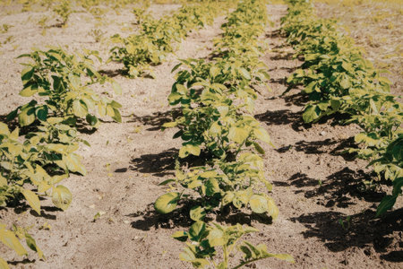 Growing tomato plants in a farm field with green leaves
