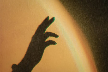 A silhouette of a hand reaching out towards a vibrant light beam with a rainbow effect.