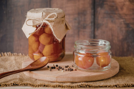 A jar of homemade canned tomatoes and a small glass bowl of tomatoes on a wooden board with a spoon...