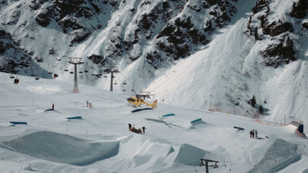 Helicopter skiing in the snow-capped mountains with ski lifts and slopes