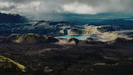 a landscape of volcanic field with a lake in the middle