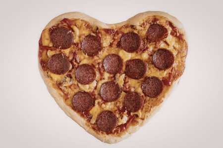 A heart shaped pepperoni pizza with melted cheese and sauce on a white background