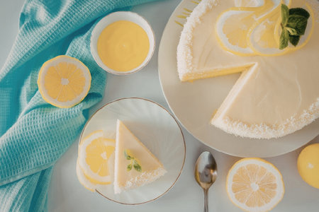 A delicious lemon cheesecake with slices served on a white plate, garnished with fresh lemon slices...