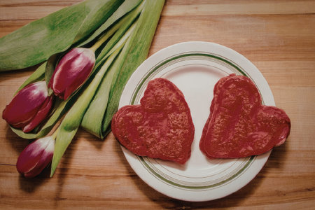 A plate of heart shaped toasts and tulips on a wooden table