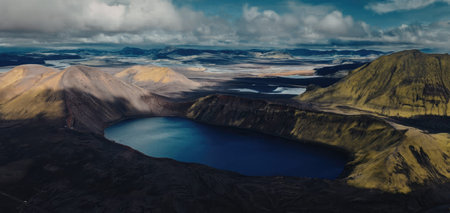 Majestic aerial view of a serene lake surrounded by mountains