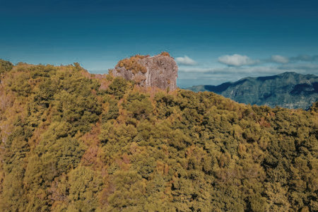 A large rock formation on top of a mountain covered in trees with a blue sky and mountains in the...