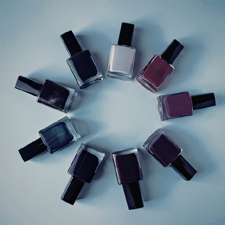 An assortment of nail polish bottles arranged in a circular pattern, showcasing different shades of...