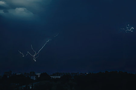 A dark blue night sky with lightning creating a display of light and color.