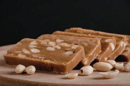 A close-up of peanut brittle bars cut into squares and placed on a wooden board with scattered peanuts around them.の写真素材