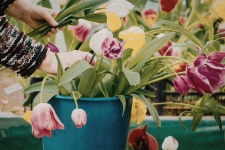 A person is arranging tulips of various colors in a blue bucket, creating a beautiful floral...