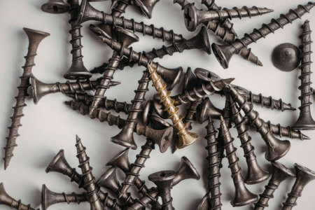 Pile of metal screws on white background