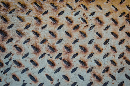 The image depicts a close-up view of a rusty diamond plate metal surface, showcasing its weathered...