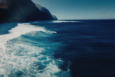 A serene ocean scene with visible waves, set against a backdrop of a majestic mountain and clear...