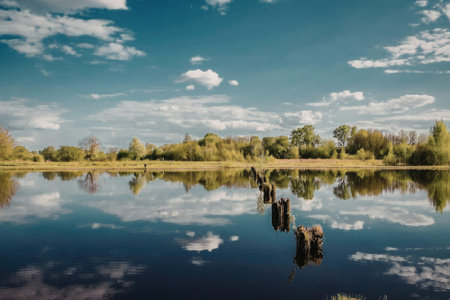 A tranquil lake reflects a vibrant blue sky with scattered clouds and lush green trees in the...