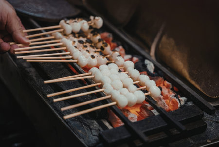 A hand holding skewers of shrimp and meat over a grill with red coals