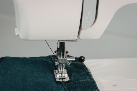 A close-up view of a sewing machine's metal presser foot and needle as it sews through a dark green...