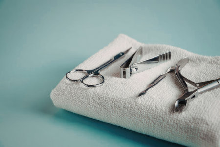 Surgical tools laid out on a white towel