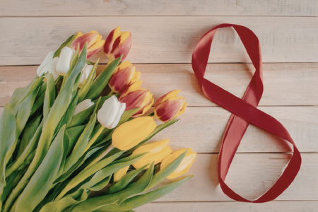 A bouquet of colorful tulips with a red ribbon on a wooden table