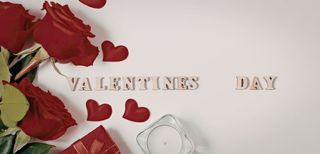 A romantic Valentines Day setup with roses, hearts, and gift