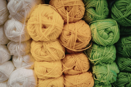 A visually appealing arrangement of yarn balls in white, yellow, orange, and green hues, showcasing...