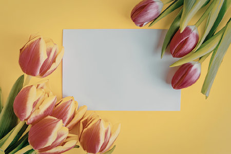 A bouquet of vibrant pink and yellow tulips surrounds a blank white card on a bright yellow...