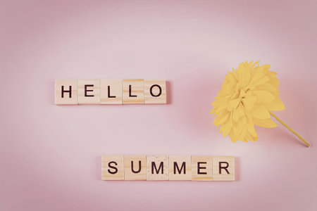 A colorful image featuring a yellow flower and scrabble tiles spelling out 'hello summer' on a pink...