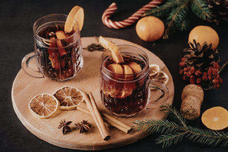 a wooden tray with two glasses of mulled wine, oranges, cinnamon sticks and dried orange slices on a...